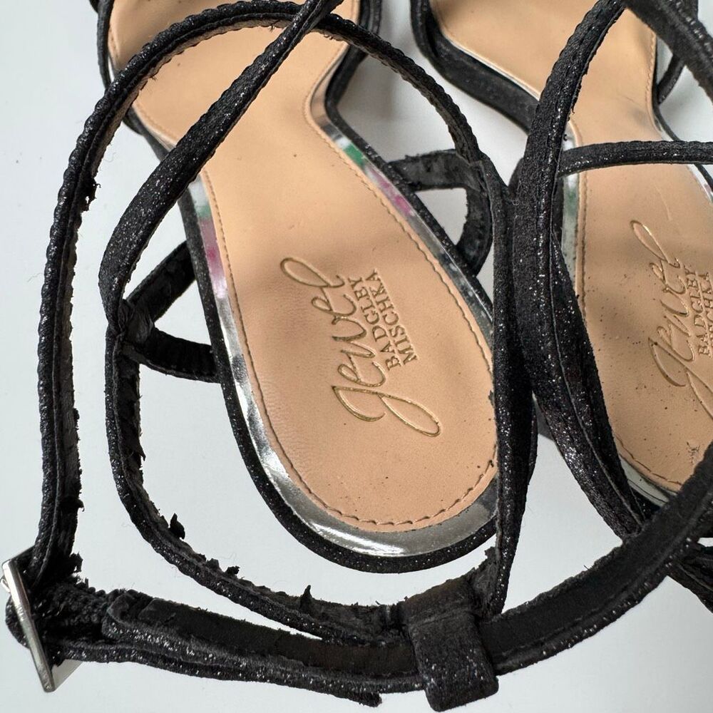 Badgley Mischka Open Toe Black Metallic Stiletto Party Strappy 4.5” Heel Size 10 - Picture 11 of 11